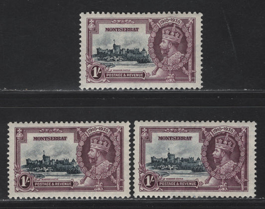 Lot 208 Montserrat SG#97 1/- Slate & Purple KGV & Windsor Castle, 1935 Silver Jubilee Issue, A VFOG Singles, 3 Different Shades Of The Vignette & Frame