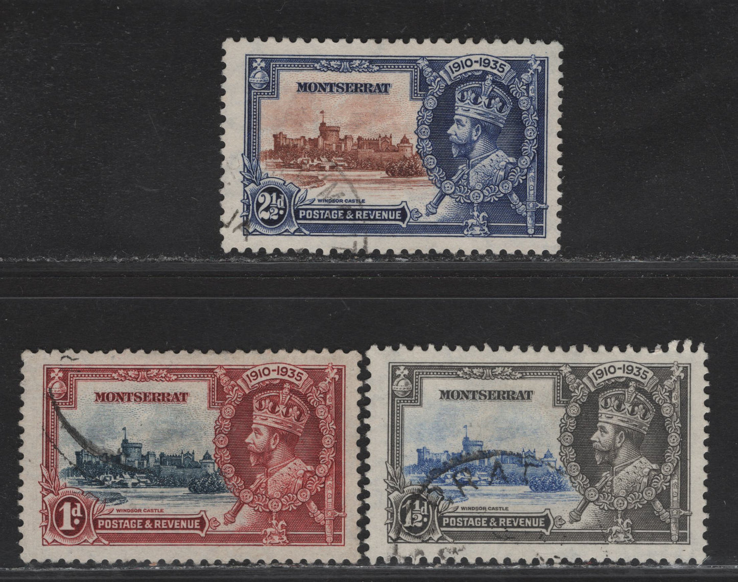 Lot 209 Montserrat SG#94-96 1d - 2.5d Deep Blue & Scarlet - Chestnut & Deep Blue KGV & Windsor Castle, 1935 Silver Jubilee Issue, 2 Very Fine Used Singles