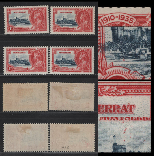 Montserrat SG#94 1d Deep Blue & Scarlet KGV & Windsor Castle, 1935 Silver Jubilee Issue, 4 F/VFOG Singles, Showing Frame Plate Varieties