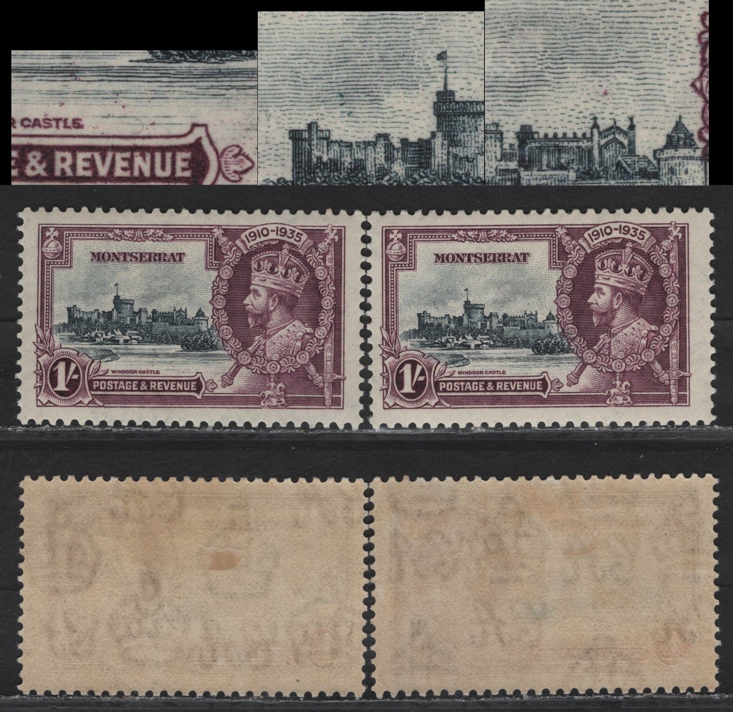 Lot 216 Montserrat SG#97var 1/- Slate & Purple KGV & Windsor Castle, 1935 Silver Jubilee Issue, 2 F/VFOG Singles, Showing Frame & Vignette Plate Varieties