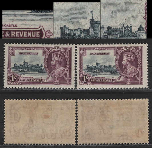 Lot 216 Montserrat SG#97var 1/- Slate & Purple KGV & Windsor Castle, 1935 Silver Jubilee Issue, 2 F/VFOG Singles, Showing Frame & Vignette Plate Varieties
