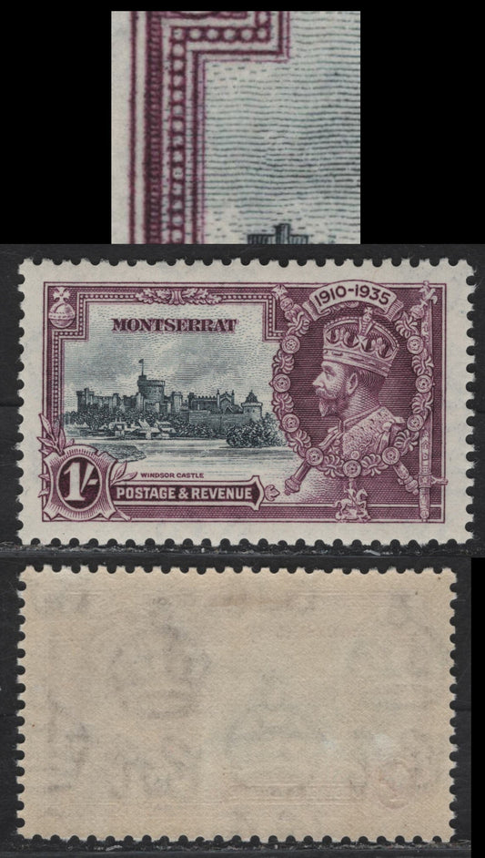 Lot 217 Montserrat SG#97var 1/- Slate & Purple KGV & Windsor Castle, 1935 Silver Jubilee Issue, A VFOG Single, Showing Re-Entry Of Inner Frameline Below Orb