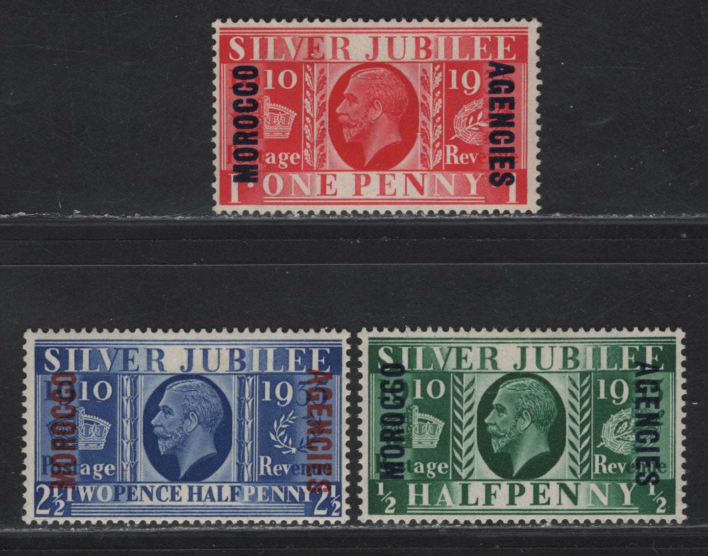 Lot 219 Morocco Agencies - British Currency SG#62-63, 65 1/2d - 2.5d Green - Blue KGV & Windsor Castle, 1935 Silver Jubilee Issue, 3 F/VFOG Singles