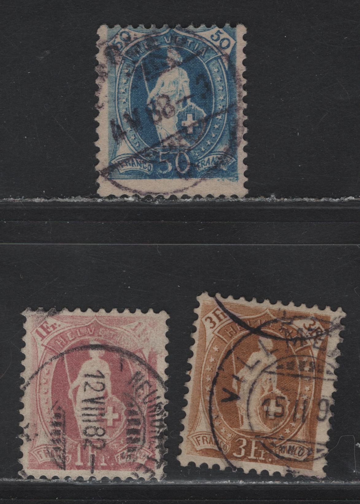 Lot 22 Switzerland SC#86-88 50c - 3fr Blue - Yellow Brown Helvetia, 1882-1904 Standing Helvetia Issue, 3 Fine/Very Fine Used Singles, Type I, Perf 11.5-11.75