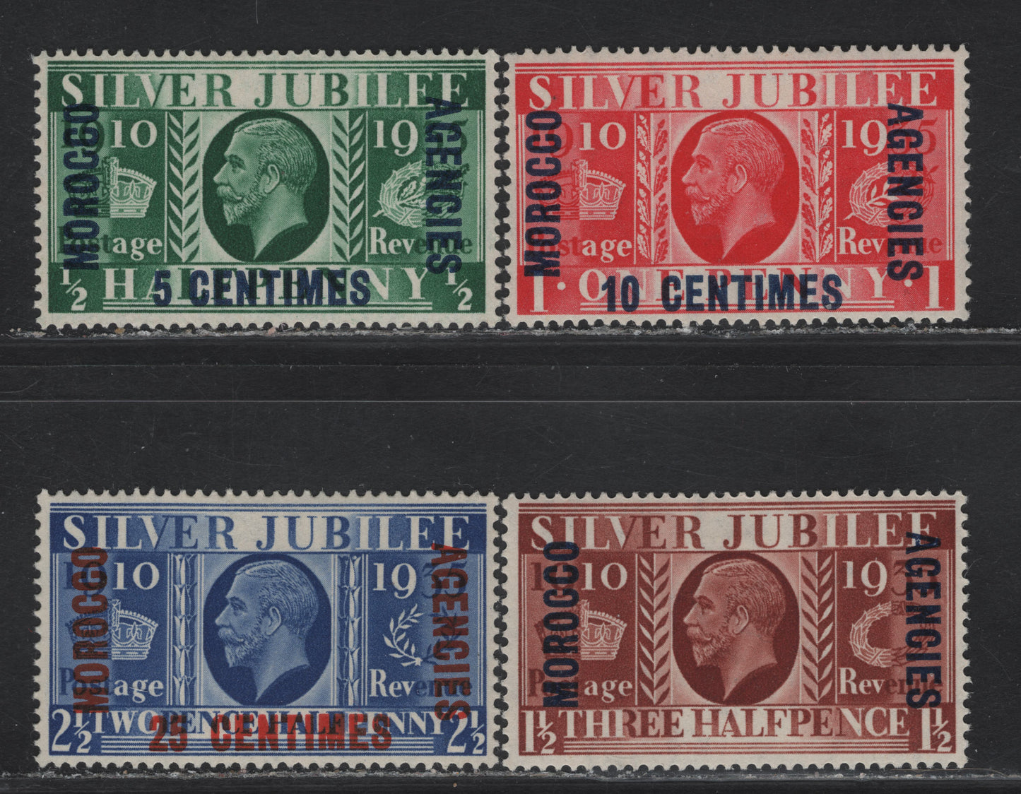 Lot 223 Morocco Agencies - French Currency SG#212-215 5c on 1/2d - 25c on 2.5d Green - Blue KGV & Windsor Castle, 1935 Silver Jubilee Issue, 3 VFOG Singles