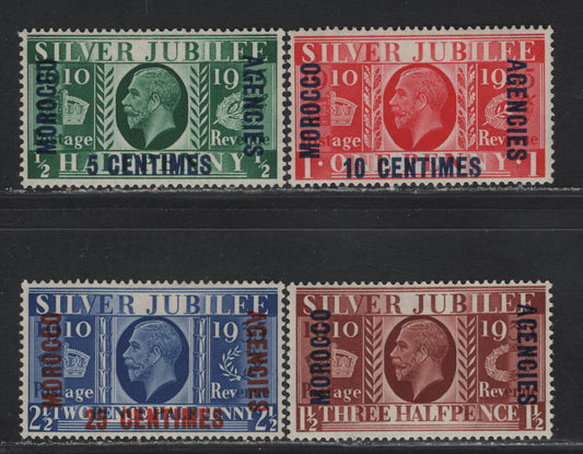 Lot 223 Morocco Agencies - French Currency SG#212-215 5c on 1/2d - 25c on 2.5d Green - Blue KGV & Windsor Castle, 1935 Silver Jubilee Issue, 3 VFOG Singles