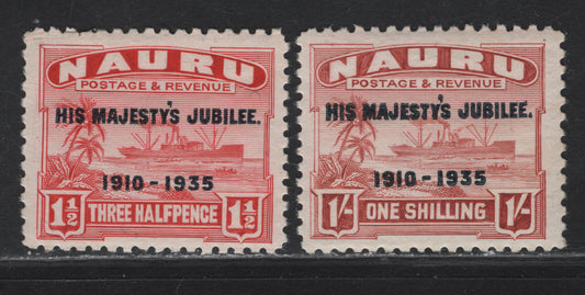 Lot 224 Nauru SG#40, 43 1/2d - 1/- Scarlet - Brown Lake Century, 1935 Silver Jubilee Issue, 2 VFOG Singles