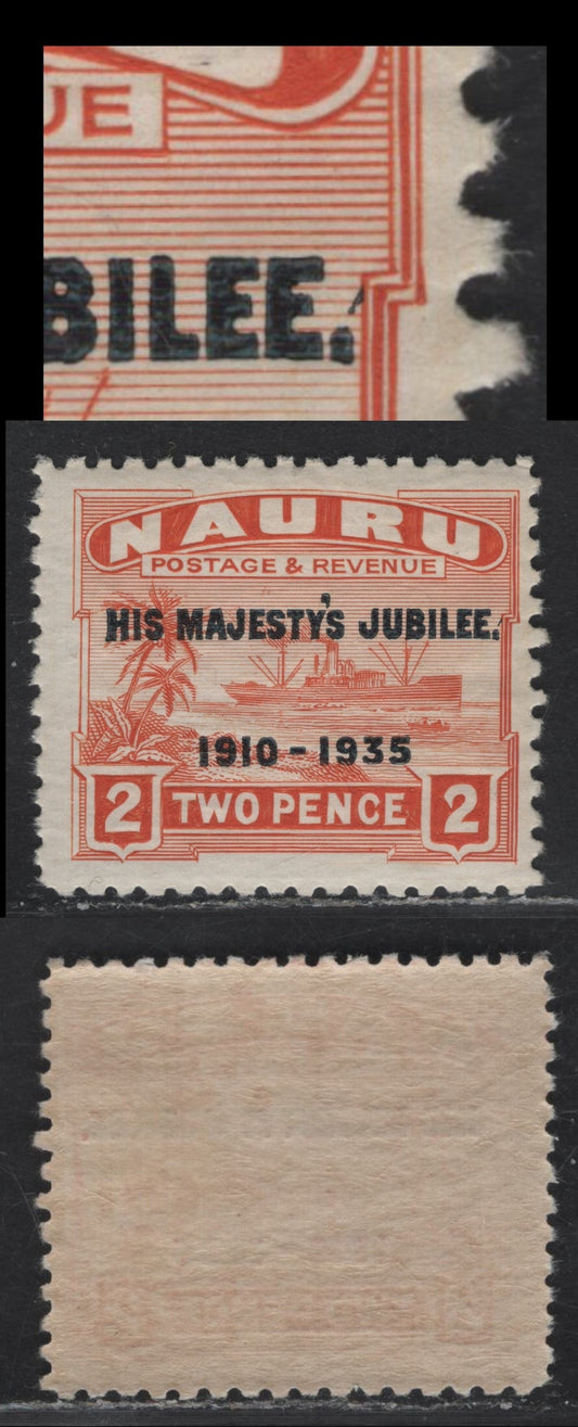 Lot 225 Nauru SG#41var 2d Orange Century, 1935 Silver Jubilee Issue, A FOG Single, Small Black Dash Above Period
