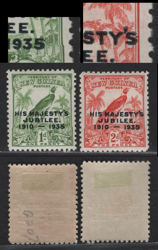 Lot 226 New Guinea SG#206-207 1d - 2d Green & Vermillion Raggiana Bird Of Paradise, 1935 Silver Jubilee Issue, 2 VFOG Singles, Showing Stop After '5' & '5' Varieties