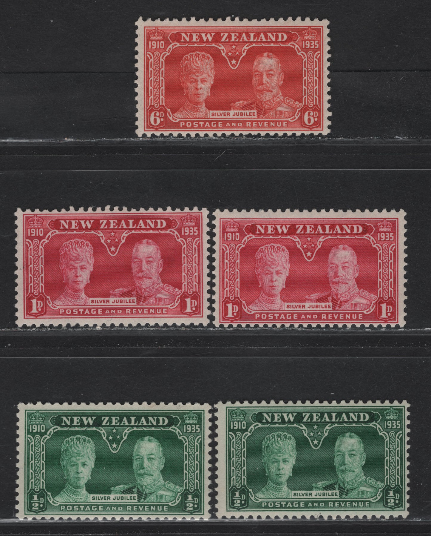 Lot 227 (C) New Zealand SG#573-575 1/2d - 6d Green - Red Orange King George V & Queen Mary, 1935 Silver Jubilee Issue, 3 F/VFOG Singles, 1/2d & 1d Has Extra Shades