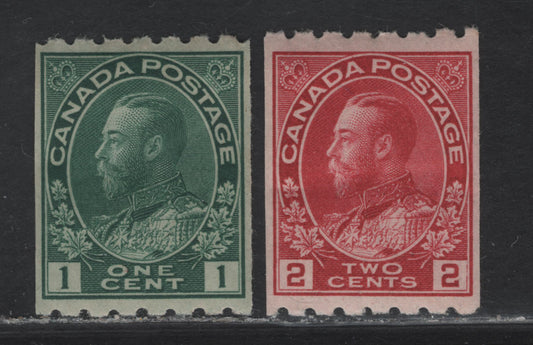 Lot 230 (C) Canada #123-124 1c - 2c Blue Green - Rose Carmine King George V, 1913 Admiral Coil Issue, 2 VG/FOG Singles, Perf 8 Horizontal, Papers ABN-A & ABN-B, Rotary Wheel, Very Weakly Retouched & Weakly Retouched Framelines.