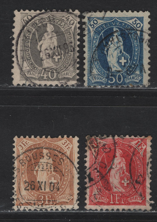Lot 23 Switzerland SC#84a, 86a, 88b, 97 40c - 3fr Gray - Yellow Brown Helvetia, 1891-1903 Standing Helvetia Issue, 4 Very Good/Fine Used Singles, Perfs 11.5x11 & 11.5x12 (3fr), Wmk 182, Type 1.