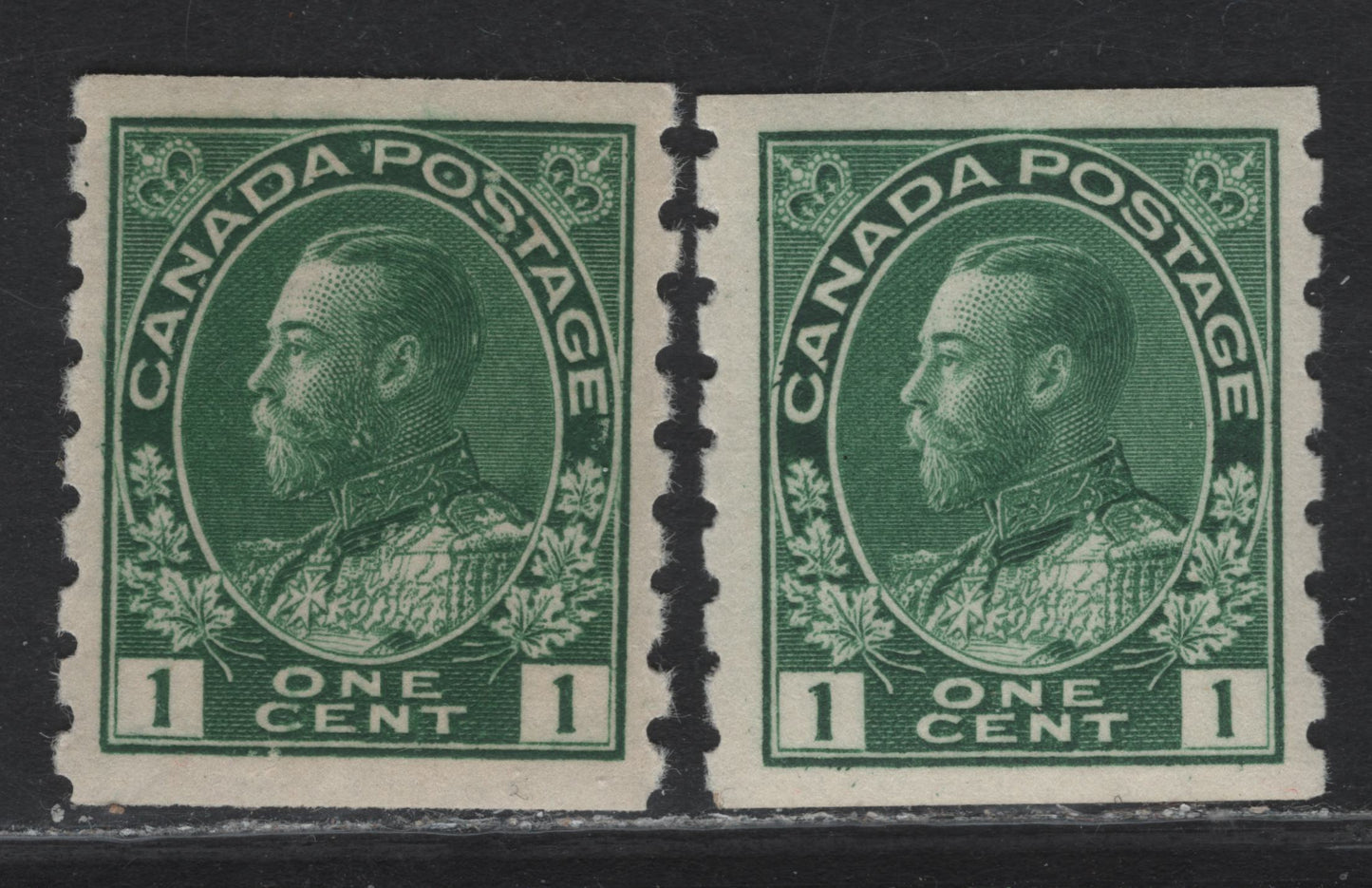 Lot 231 (C) Canada #125, 125iv 1c Green - Deep Yellow Green King George V, 1912-1924 Admiral Coil Issue, 2 VFNH Singles, Rotary Bar Perf 8 Vertical, Retouched Frameline, Paper ABN-E.