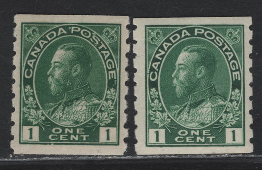 Lot 231 (C) Canada #125, 125iv 1c Green - Deep Yellow Green King George V, 1912-1924 Admiral Coil Issue, 2 VFNH Singles, Rotary Bar Perf 8 Vertical, Retouched Frameline, Paper ABN-E.
