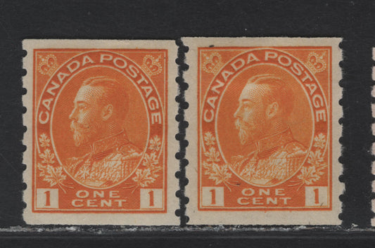 Lot 233 (C) Canada #126d 1c Orange - Orange Yellow King George V, 1912-1924 Admiral Coil Issue, 2 VFOG Singles, Wet Printing, Paper ABN-E, Perf 8 Vertical Rotary Bar & Rotary Wheel Perfs.