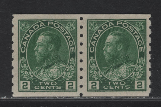 Lot 235 (C) Canada #128 2c Deep Green King George V, 1912-1924 Admiral Coil Issue, A VFNH Pair, Paper ABN-H, Perf 8 Vertical, Rotary Bar Perf, Wet Printing.