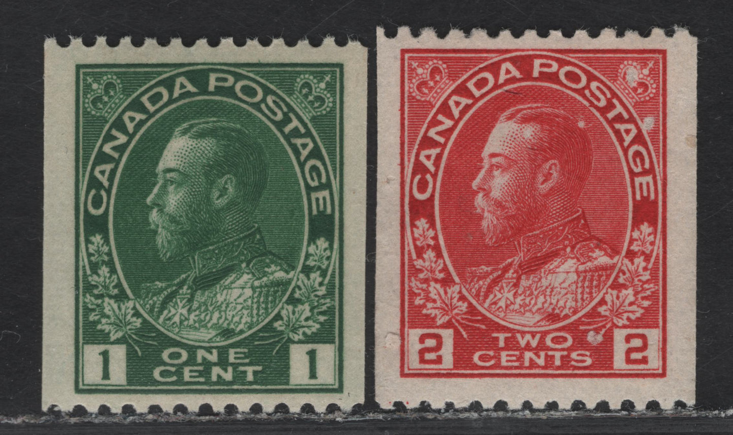 Lot 237 (C) Canada #131-132 1c - 2c Deep yellowish Green - Carmine Red King George V, 1915-1924 Admiral Coil Issue, 2 FOG Singles, Papers ABN-E & ABN-B, Perf 12 Horizontal, Rotary Bar (1c) & Rotary Wheel (2c).