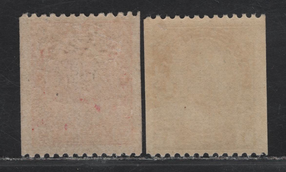 Lot 237 (C) Canada #131-132 1c - 2c Deep yellowish Green - Carmine Red King George V, 1915-1924 Admiral Coil Issue, 2 FOG Singles, Papers ABN-E & ABN-B, Perf 12 Horizontal, Rotary Bar (1c) & Rotary Wheel (2c).