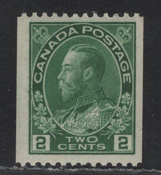 (C) Canada #133 2c Green King George V, 1915-1924 Admiral Coil Issue, A FOG Single, Paper ABN-E, Perf 11.9 Horizontal, Retouched Frameline