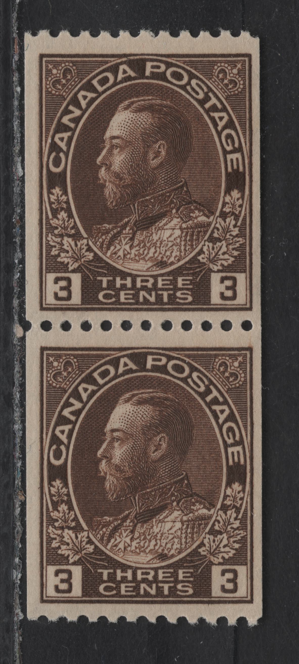 Lot 241 (C) Canada #134 3c Brown King George V, 1915-1924 Admiral Coil Issue, A VFOG Single, Perf 12 Horizontal, Rotary Wheel Perf, Paper ABN-E