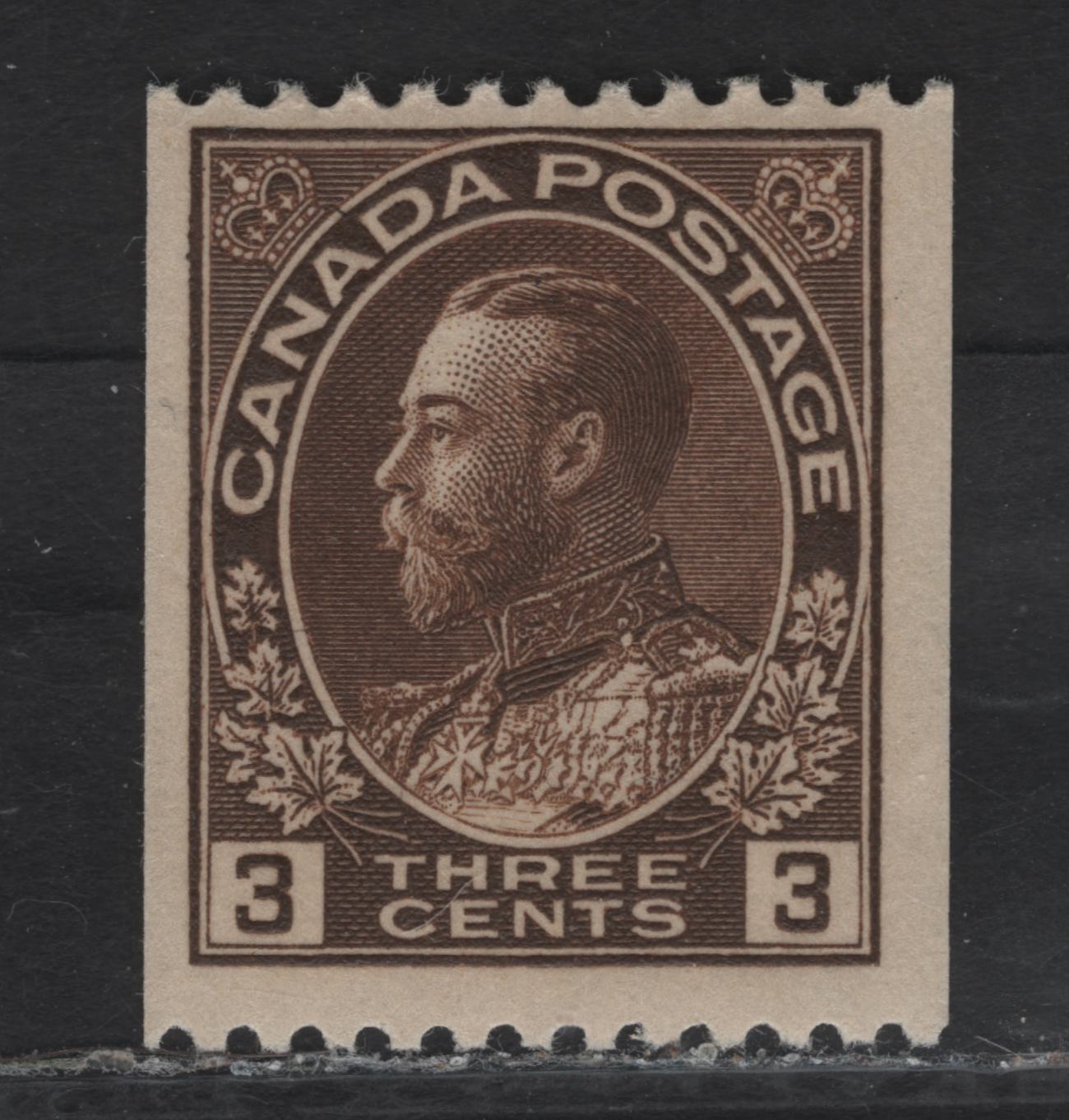 Lot 242 (C) Canada #134 3c Brown King George V, 1915-1924 Admiral Coil Issue, A FNH Single, Perf 12 Horizontal, Rotary Bar perf, Papr ABN-E.