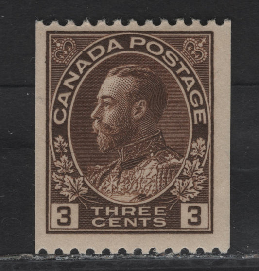 Lot 242 (C) Canada #134 3c Brown King George V, 1915-1924 Admiral Coil Issue, A FNH Single, Perf 12 Horizontal, Rotary Bar perf, Papr ABN-E.