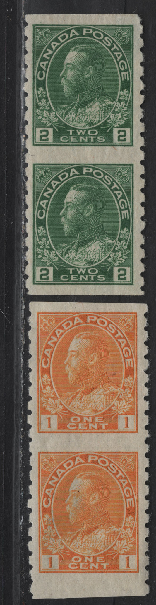 Lot 243 (C) Canada #126a, 128a 1c - 2c Bright Orange Yellow & Yellowish Green King George V, 1924 Part Perforate Coil Issue, 2 VG/FOG Pairs, Paper ABN-I, Perf 8 Vertical, Imperf Horizontal