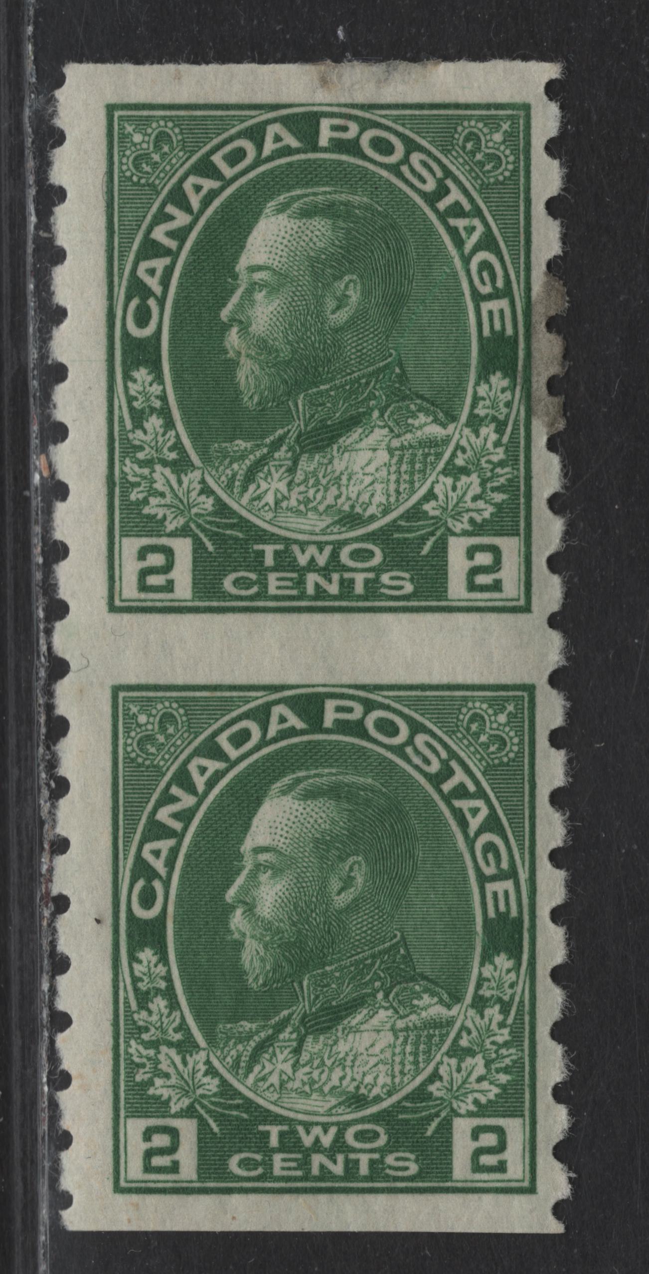 Lot 244 (C) Canada #128a 2c Yellowish Green King George V, 1924 Part Perforate Coil Issue, A VG/FOG Pair, Perf 8 Vertical, Imperf Horizontal, Dry Printing