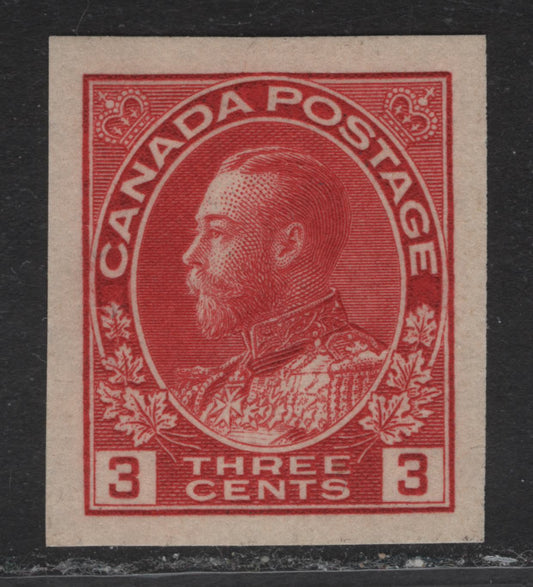 Lot 250 (C) Canada #138 3c Carmine Red King George V, 1924 Admiral Imperfoate Issue, A VFOG Imperf Single, Die 1, Dry Printing, Paper ABN-G, Design Sizr 17.8x21.4.