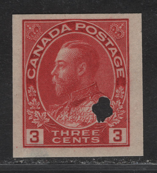 Lot 251 (C) Canada #138var 3c Carmine Red King George V, 1924 Admiral Imperfoate Issue, A VGOG Imperf Single, Paper ABN-M, Specimen Punch Cancel, Unlisted In Unitrade
