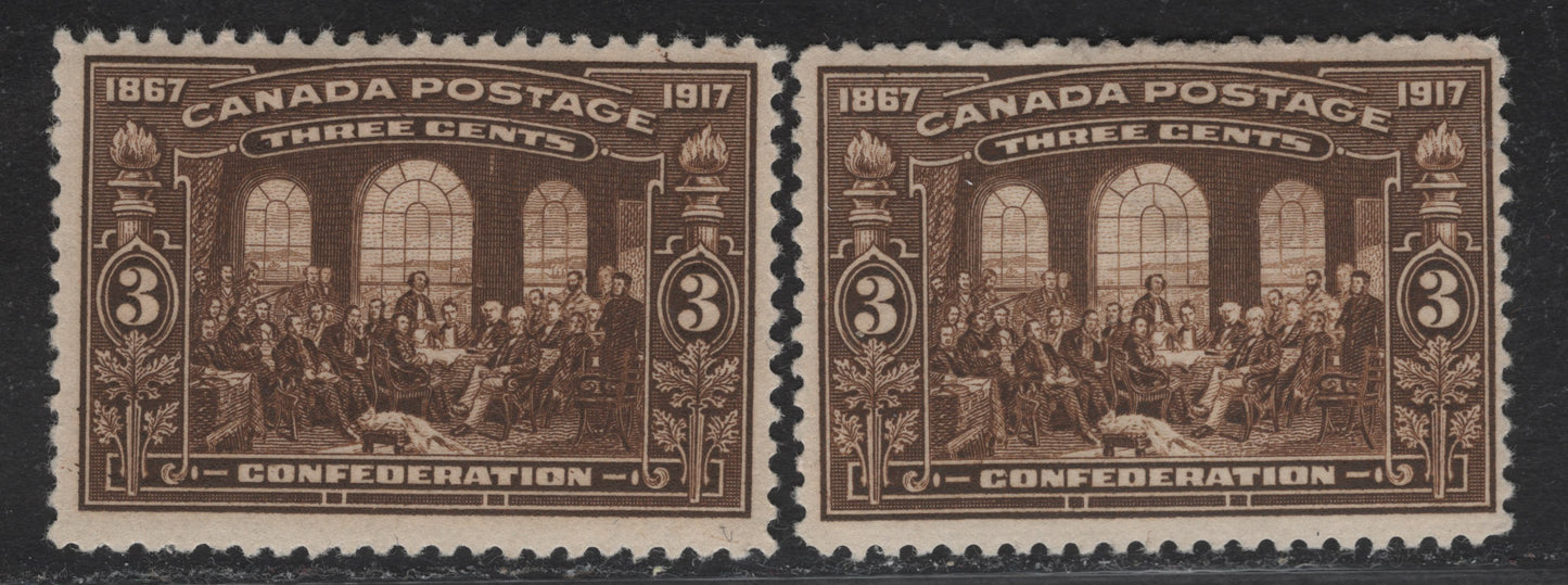 Lot 252 (C) Canada #135 3c Deep Yellowish Brown & Dark Yellow Brown Fathers of Confederation, 1917 50th Anniv of Confederation Issue, 2 FOG Singles, Paper ABN-A, Perf 12x11.95