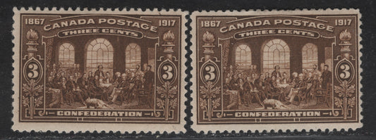 Lot 252 (C) Canada #135 3c Deep Yellowish Brown & Dark Yellow Brown Fathers of Confederation, 1917 50th Anniv of Confederation Issue, 2 FOG Singles, Paper ABN-A, Perf 12x11.95