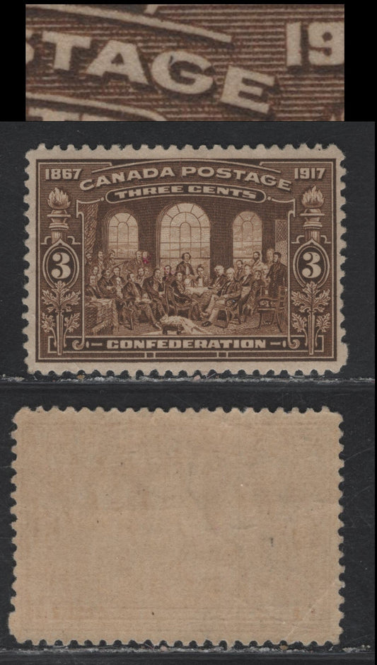 Lot 256 (C) Canada #135 3c Brown Fathers of Confederation, 1917 50th Anniv of Confederation Issue, A FOG Single, Paper ABN-A, Perf 12, VF Centering, Light Diagonal Corner Crease, Small Line In G of Postage.
