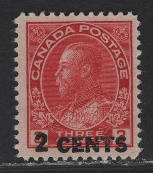 Lot 257 (C) Canada #139 2c on 3c Carmine Red King George V, 1926 Admiral Provisional Issue, A FOG Single, Paper ABN-H, Perf 11.85x12, Die 1.