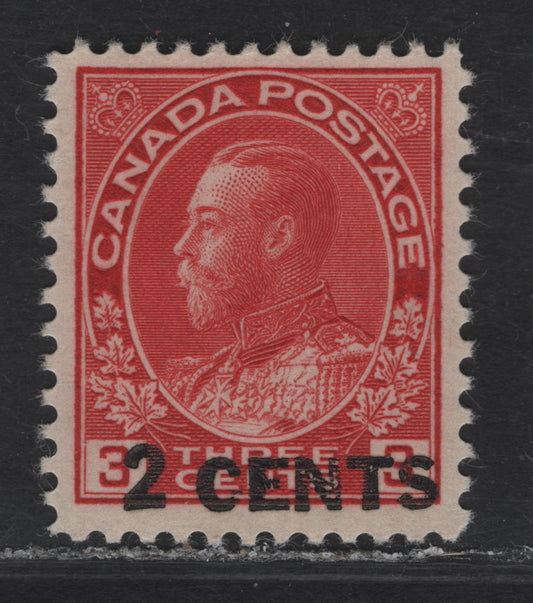 Lot 258 Canada #139 2c on 3c Bright Carmine Red King George V, 1926 Admiral Provisional Issue, A VFOG Single, Paper ABN-M, Perf 11.9, Die 1, Retouched Frameline.