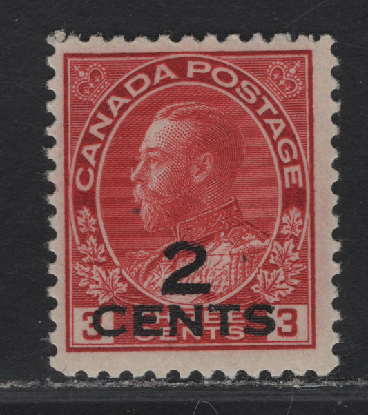 Lot 264 Canada #140 2c on 3c Deep Carmine Red King George V, 1926 Admiral Provisional Issue, A FOG Single, Paper ABN-J, Perf 12x11.9