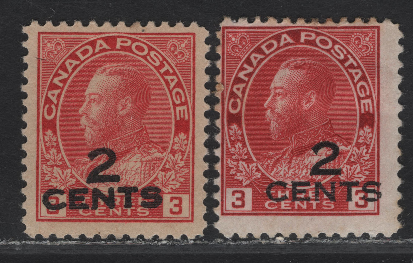 Lot 265 Canada #140F 2c on 3c Dull Carmine Red King George V, 1926 Admiral Provisional Issue, 2 F/VFOG Singles, Forged Overprint, Papers ABN-J & ABN-M, Die 1, Perf 12x11.9.