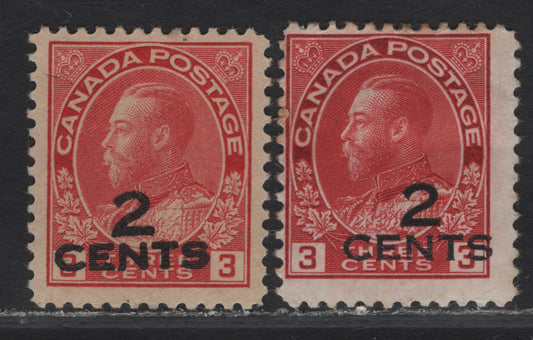 Lot 265 Canada #140F 2c on 3c Dull Carmine Red King George V, 1926 Admiral Provisional Issue, 2 F/VFOG Singles, Forged Overprint, Papers ABN-J & ABN-M, Die 1, Perf 12x11.9.