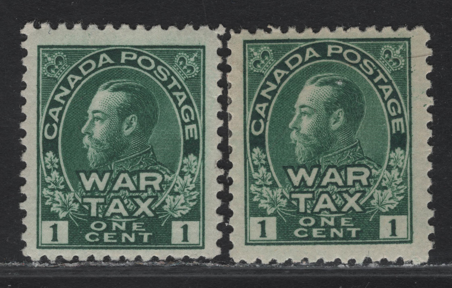 Lot 266 (C) Canada #MR1 1c Green King George V, 1915 War Tax Issue, A FOG Single, Papers ABN-B & ABN-E, Perfs 12x11.9 & 11.9