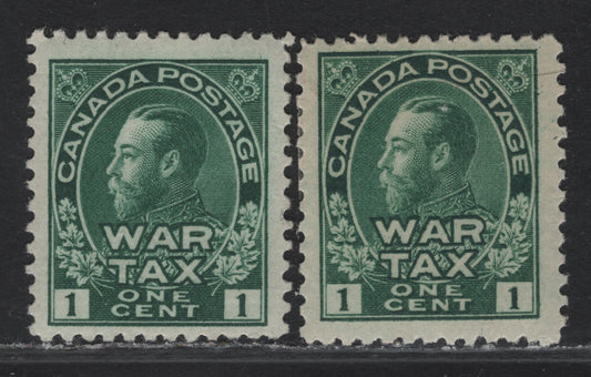 Lot 266 (C) Canada #MR1 1c Green King George V, 1915 War Tax Issue, A FOG Single, Papers ABN-B & ABN-E, Perfs 12x11.9 & 11.9