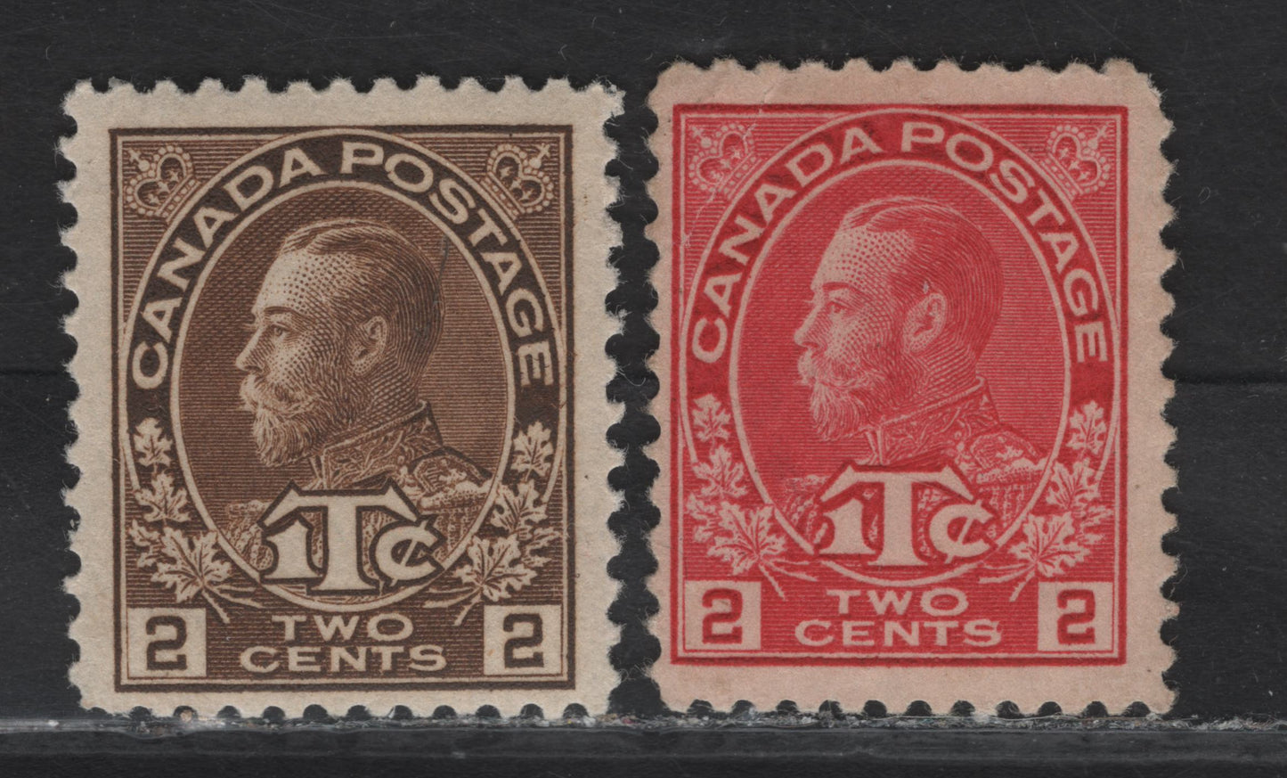 Lot 270 (C) Canada #MR3b, MR4 2c+1c Rosine - Brown King George V, 1915-1916 War Tax Issue, 2 G/FOG Singles, Paper ABN-A, Perfs 11.9x12  11.9x11.8, Die 1.