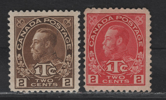 Lot 270 (C) Canada #MR3b, MR4 2c+1c Rosine - Brown King George V, 1915-1916 War Tax Issue, 2 G/FOG Singles, Paper ABN-A, Perfs 11.9x12  11.9x11.8, Die 1.