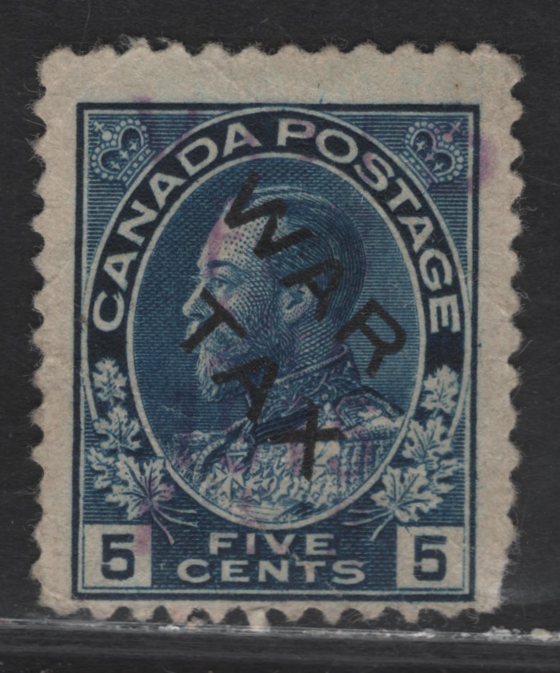 Lot 274 (C) Canada #MR2B 5c Deep Blue King George V, 1915 War Tax Issue, A Good Used Single, Paper ABN-B, Perf 12x11.9, Creases & Short Perfs.