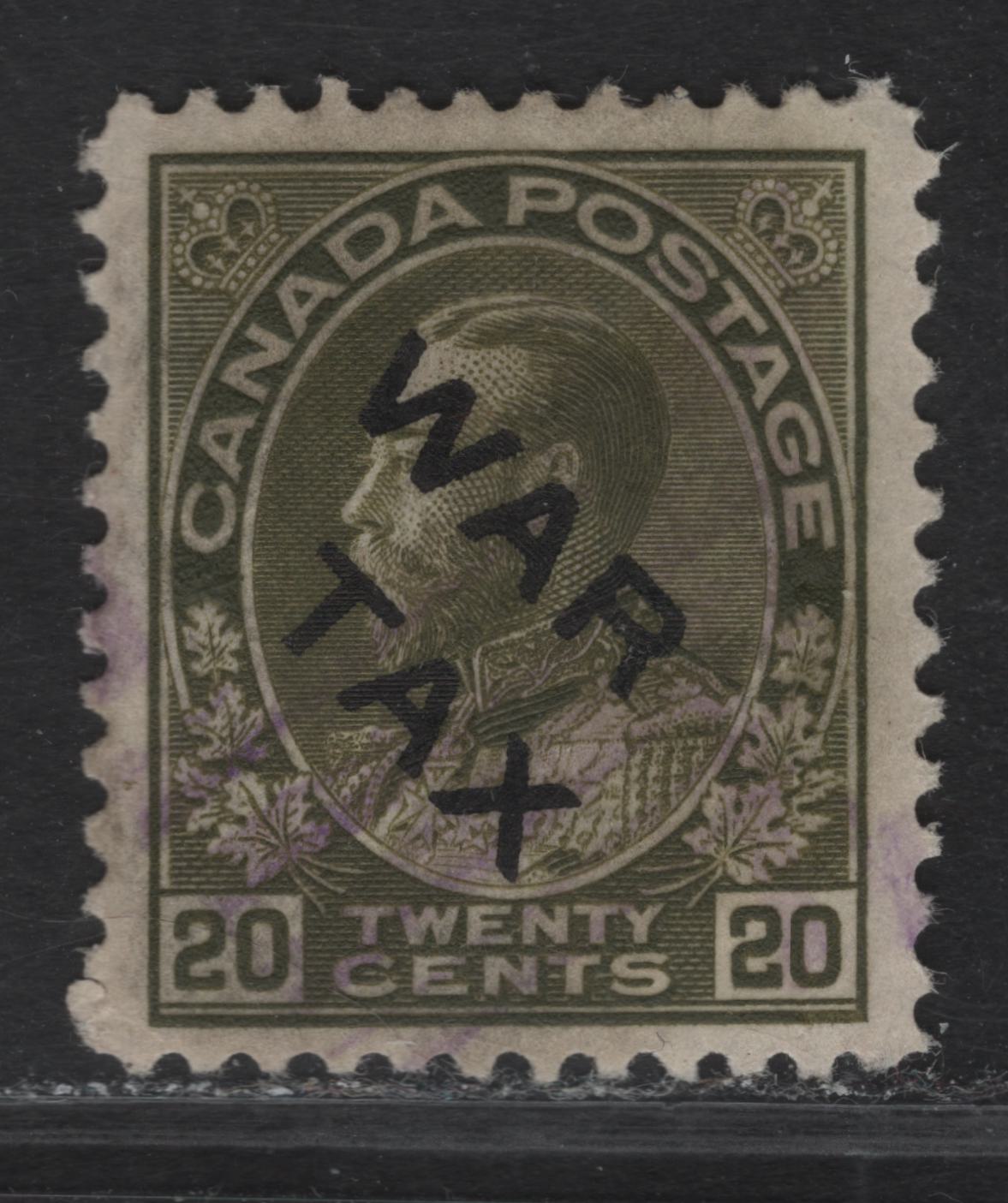 Lot 278 (C) Canada #MR2c 20c Olive Green King George V, 1915 War Tax Issue, A Very Fine Used Single, Paper ABN-G, Perf 12x11.8
