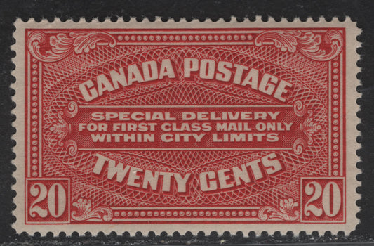 Lot 281 Canada #E2 20c Carmine Red Special Delivery, 1922 Special Delivery Issue, A VFOG Single, Paper ABN-MMM, Perf 12x11.9, Dry Printing, Design Size 41.8x25.4mm.