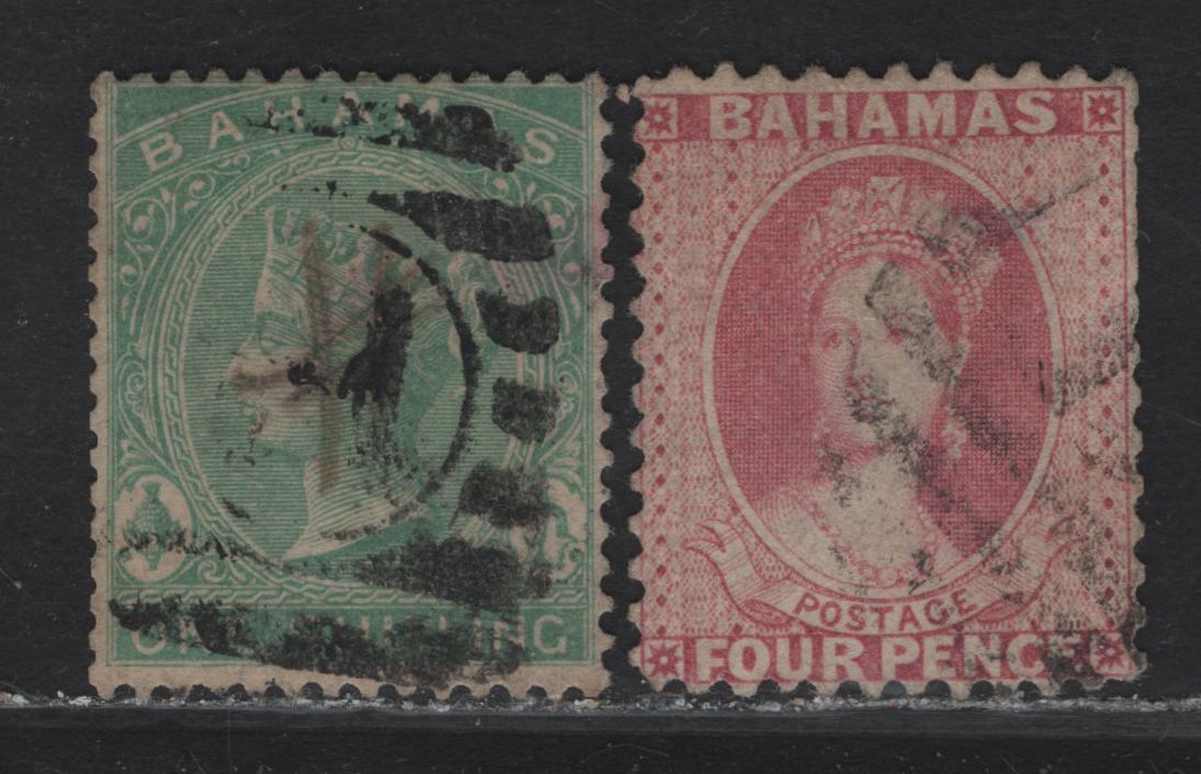Lot 29 (C) Bahamas SG#41, 44 4d - 1/- Rose - Blue Green Queen Victoria, 1882-1898 Queen Victoria Sidefaces & Chalon Heads Issue, 2 Very Good/Fine Used Singles, Perfs 12 (4d) & 14, Crown CA Wmk, Clipped Perfs On 4d.
