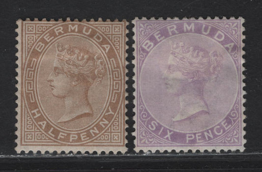 Lot 38 (C) Bermuda SG#7, 19 1/2d - 6d Stone - Dull Mauve Queen Victoria, 1865-1903 Queen Victoria Keyplates, 2 FRG/VFOG Singles, Crown CC Wmk