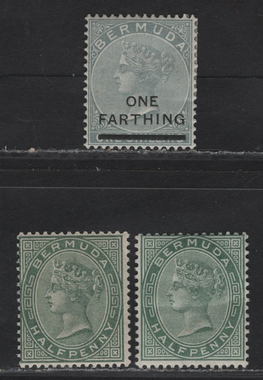 Lot 40 (C) Bermuda SG#21, 21a, 30b 1/2d - 1/4d on 1/- Dull Green & Deep Gray Green - Blue Gray Queen Victoria, 1883-1904 Queen Victoria Keyplates, 3 F/VFOG/NH Singles, 1/2d Deep Gray Green Is NH