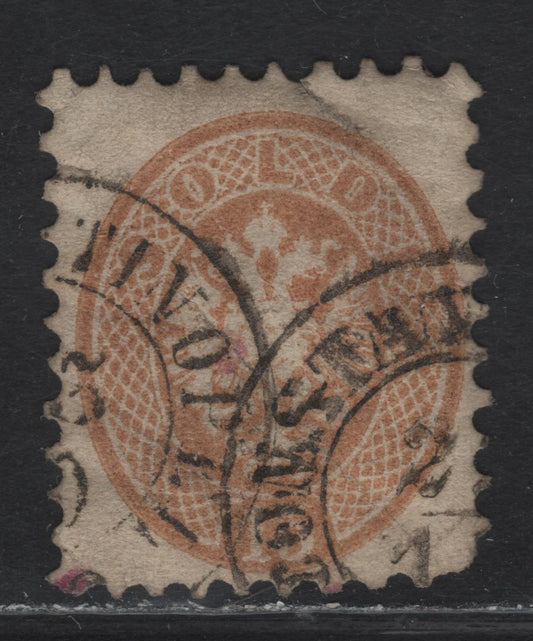 Lot 4 Austria SC#24 15s Yellow Brown Arms, 1863 Arms Issue, A Good Used Single, Perf 9.5 (2kr) & 14, Small Tear At Top