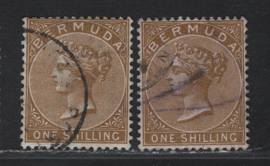 Lot 42 Bermuda SG#29, 29b 1/- Yellow Brown - Olive Brown Queen Victoria, 1883-1904 Queen Victoria Keyplates, 2 Fine/Very Fine Used Singles